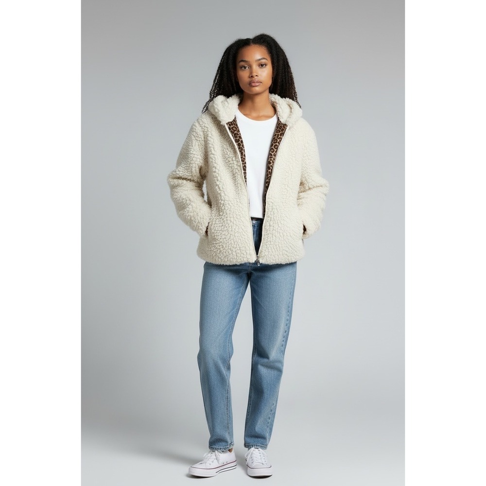Madden Girl Cream Faux Fur Teddy‎ Hooded Jacket Leopard Print Lining Small